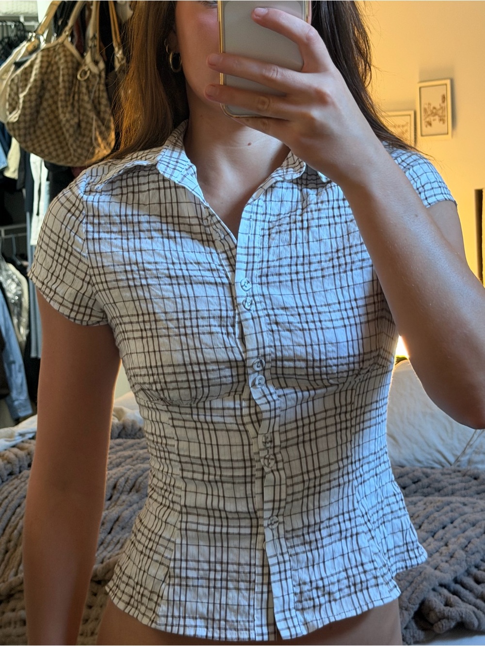 Princess Polly White and Black Plaid Short Sleeve Button Down Top